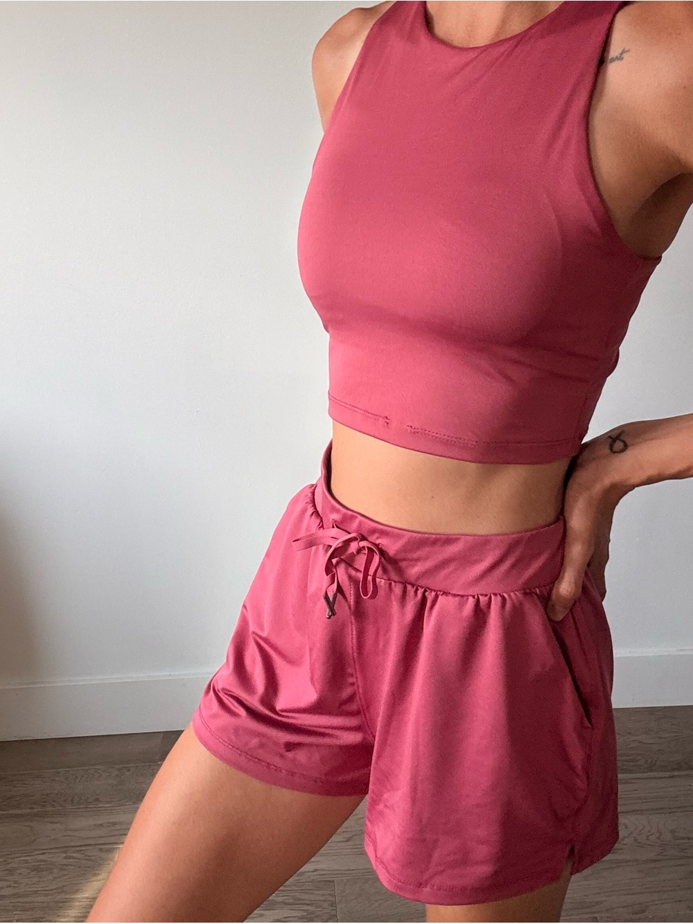 refuge Rose Pink Drawstring Athletic Shorts and crop top set